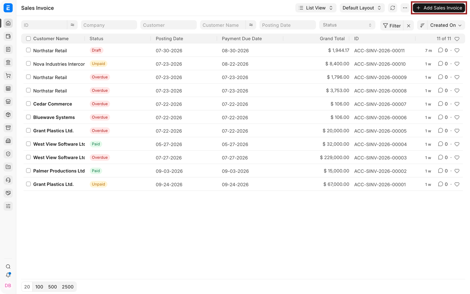Sales Invoice list with Add Sales Invoice highlighted