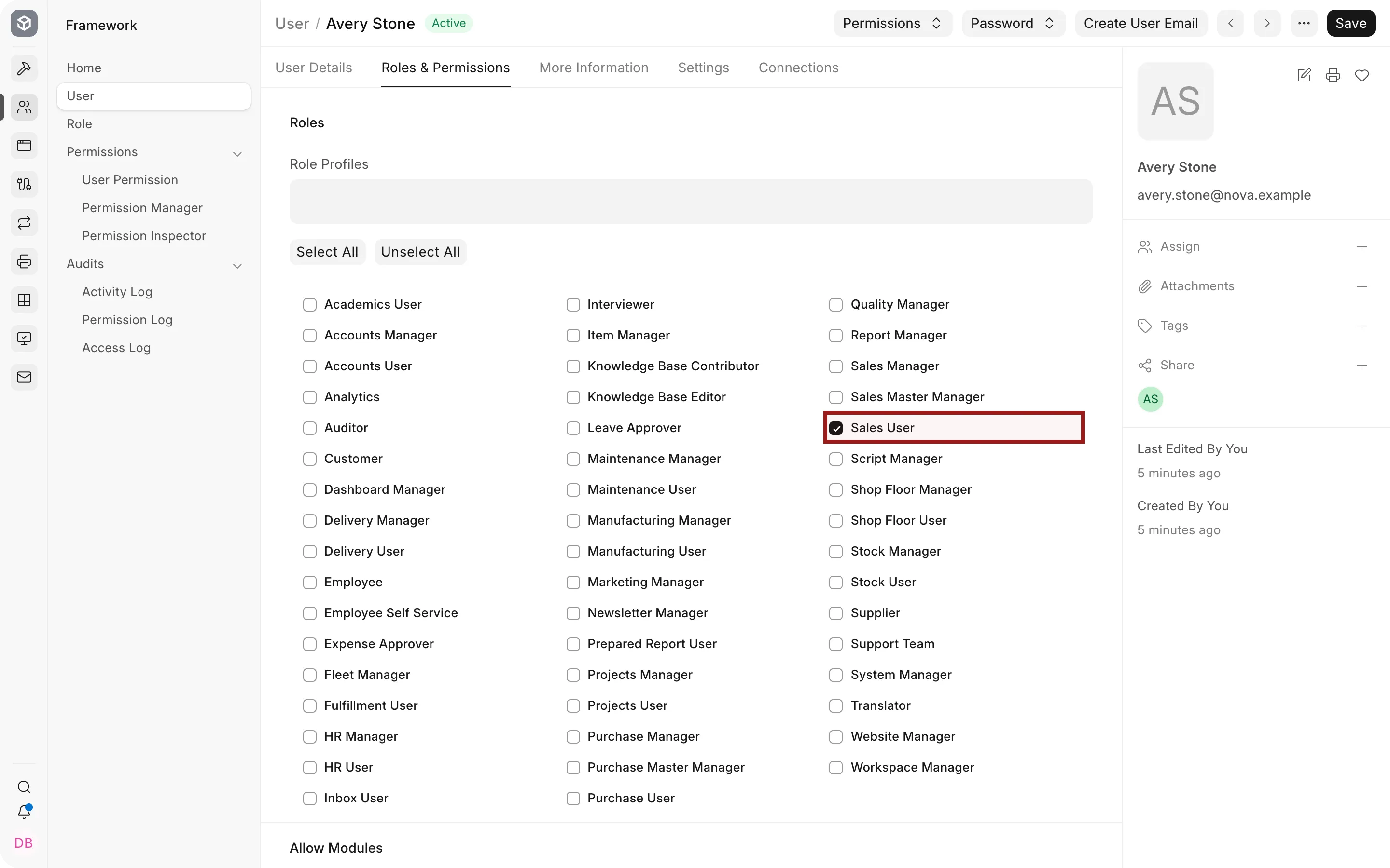 Avery Stone User form with the Sales User role highlighted.