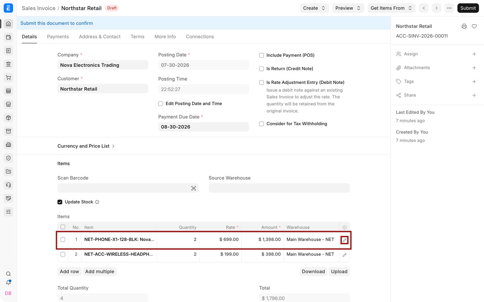 Sales Invoice item row and pencil icon highlighted