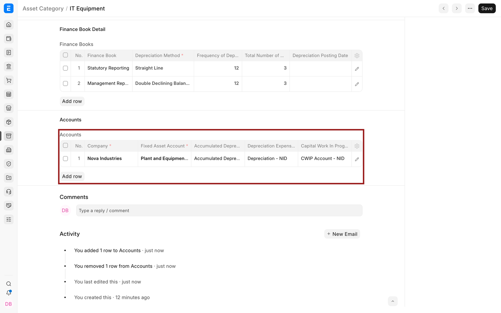 Company accounting defaults for an EnigmaERP Asset Category