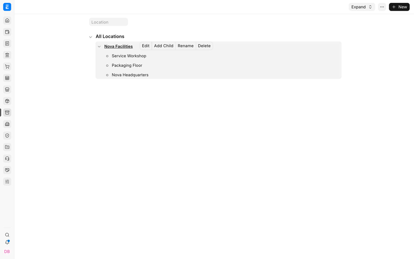 EnigmaERP Asset Location tree for Nova Industries facilities
