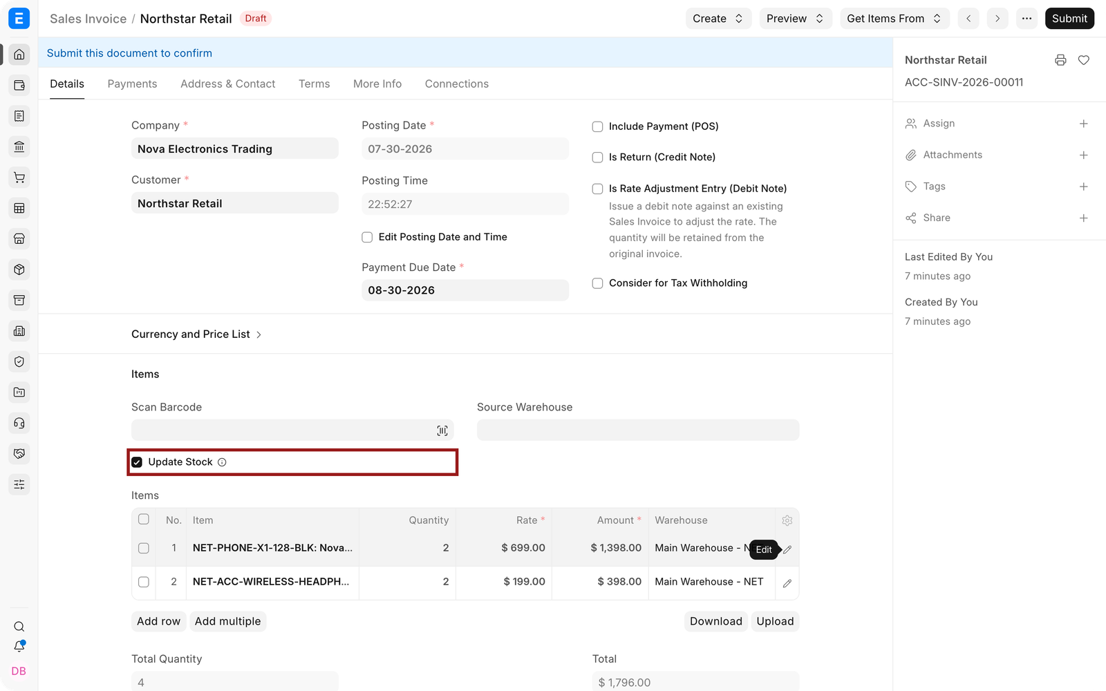 Update Stock highlighted on a Sales Invoice
