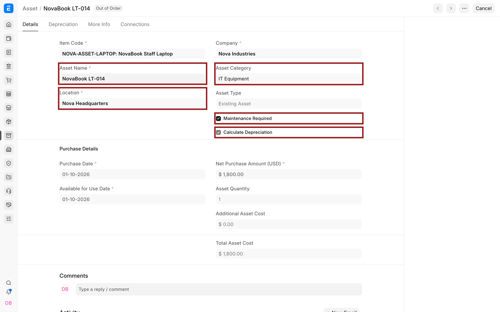 Core EnigmaERP Asset fields for a Nova Industries laptop
