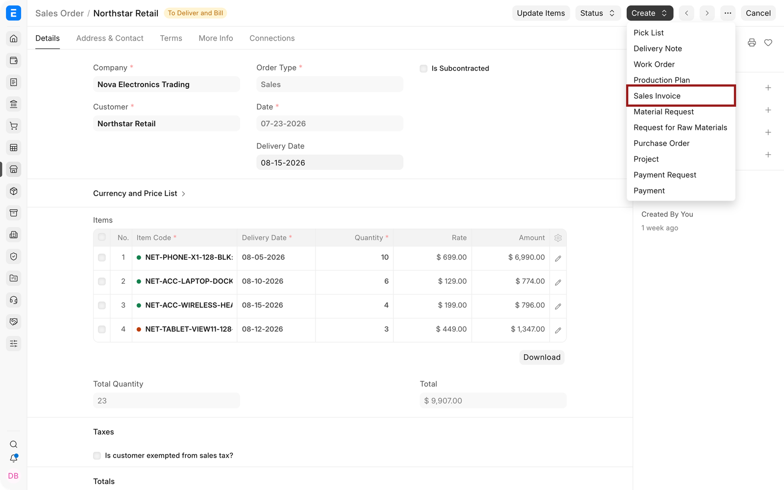 Sales Invoice action highlighted in the Sales Order Create menu