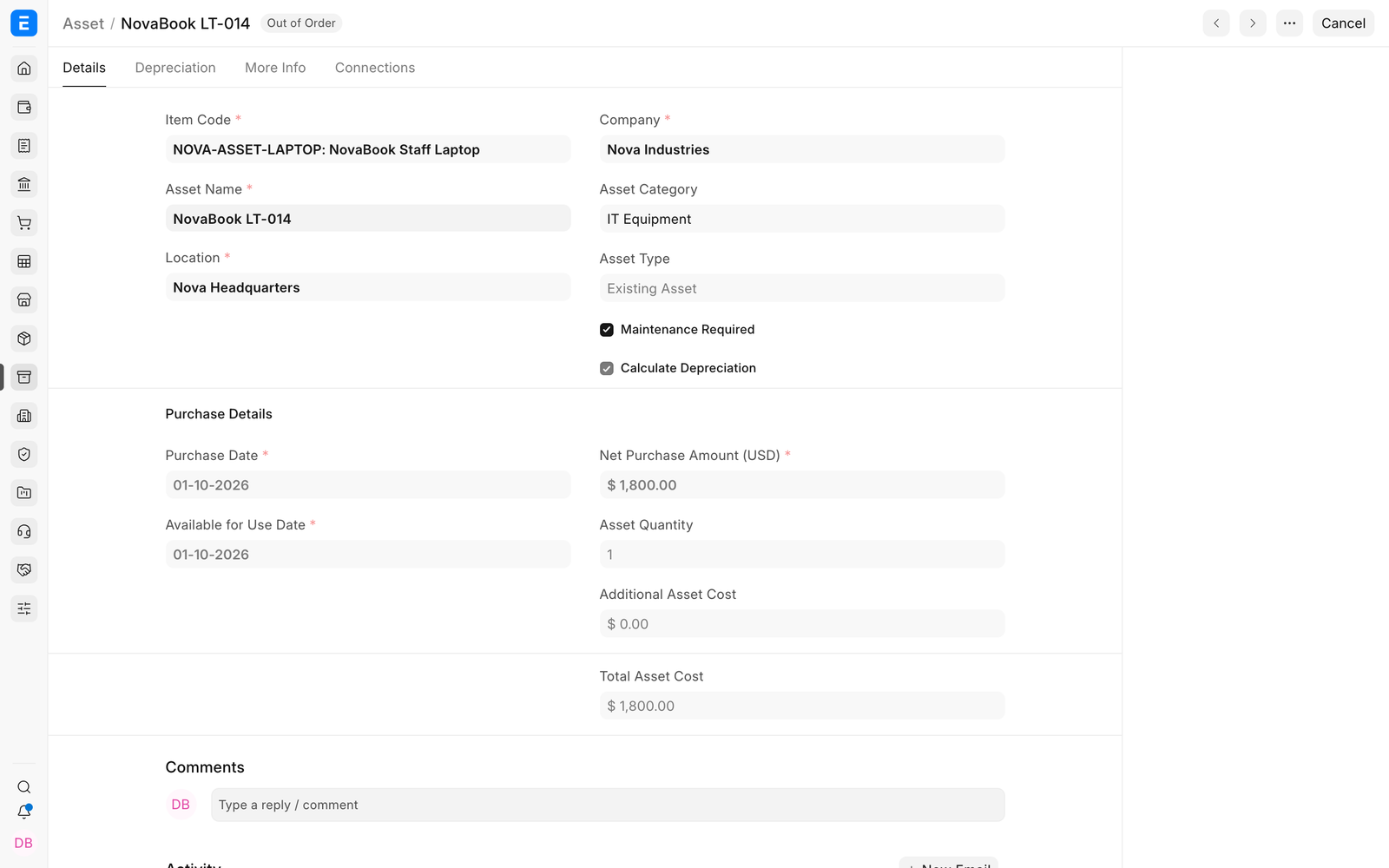 Finance Book configuration on an EnigmaERP Asset