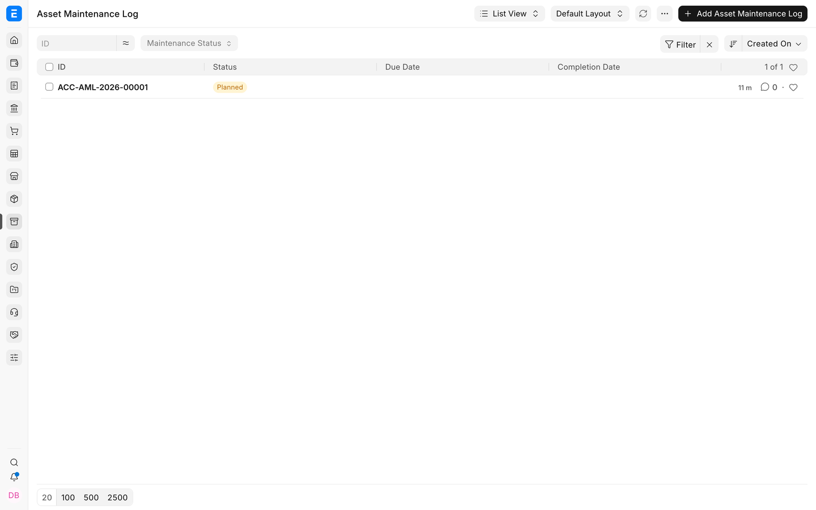 EnigmaERP Asset Maintenance Log list