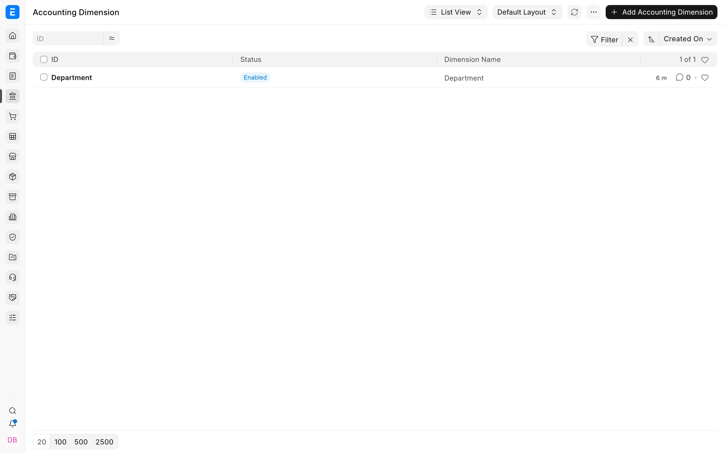Accounting Dimension list showing the Department dimension in EnigmaERP