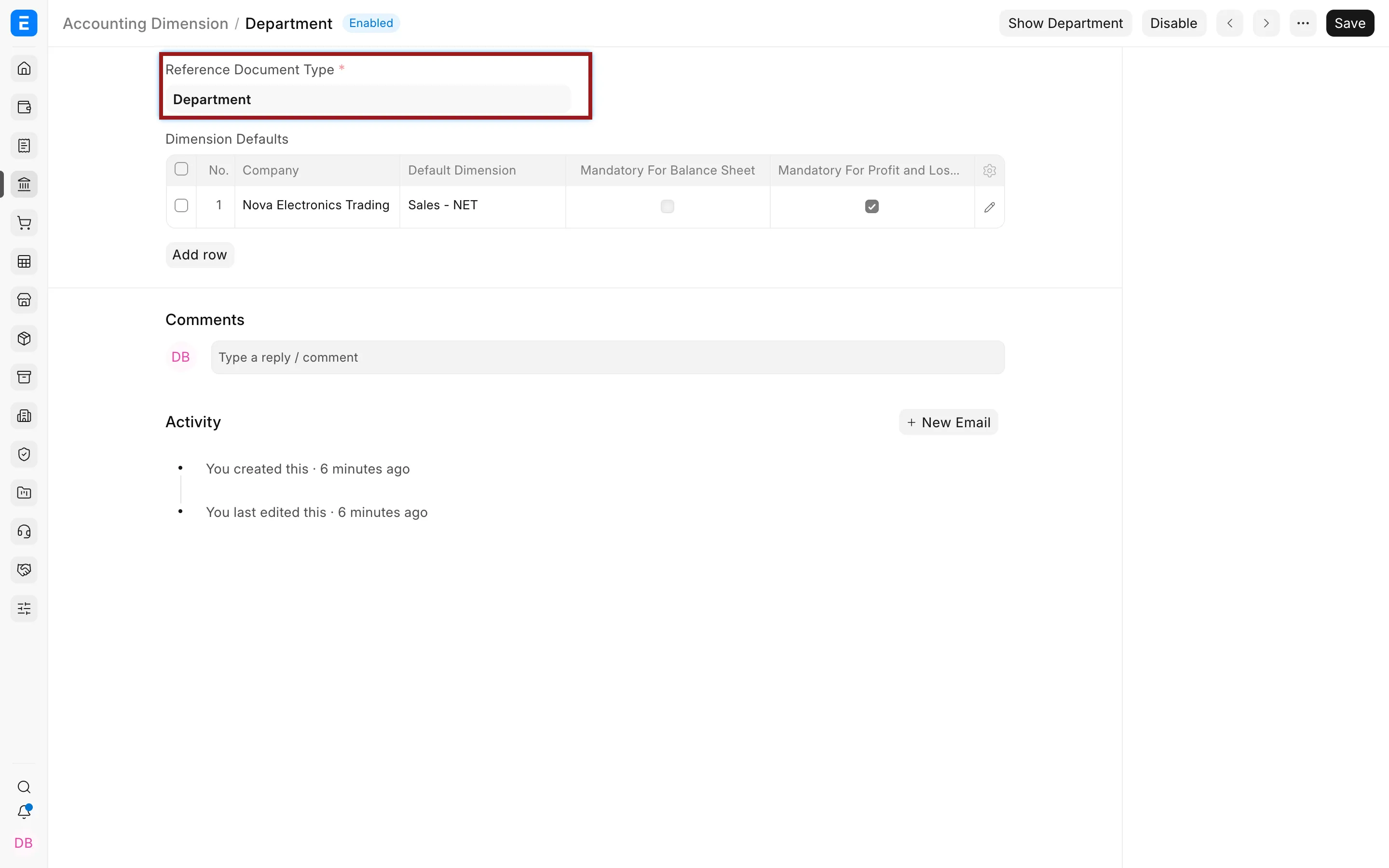 Department selected as the Reference Document Type for an Accounting Dimension
