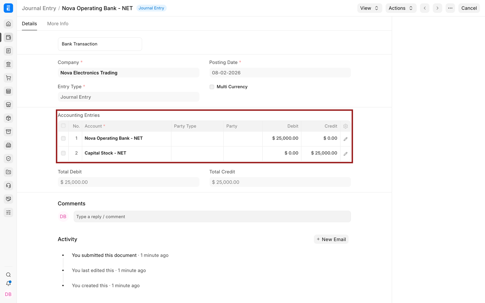 Owner investment recorded as a balanced Journal Entry in EnigmaERP