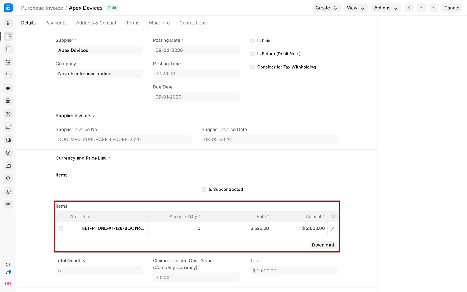 Inventory items on a submitted EnigmaERP Purchase Invoice