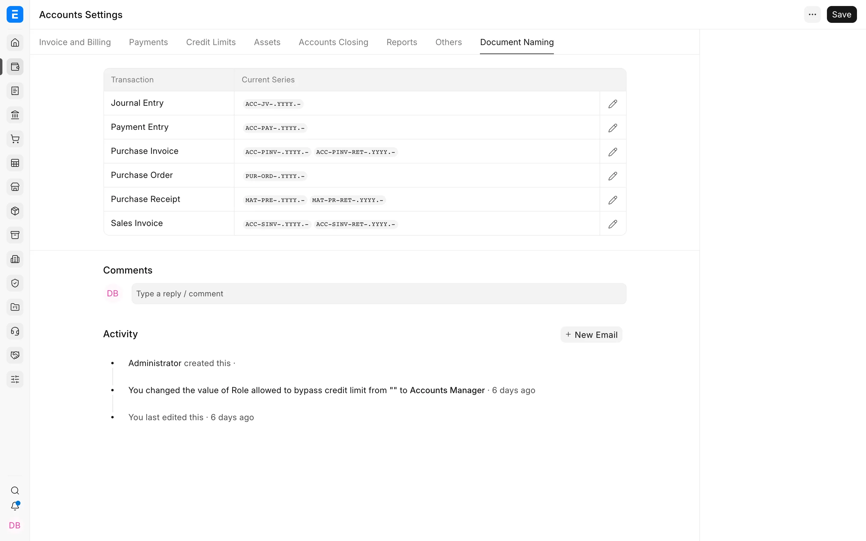 Accounting document naming settings