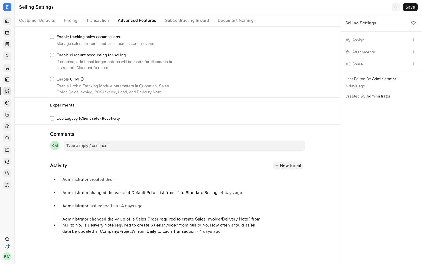 Advanced Features tab in EnigmaERP Selling Settings