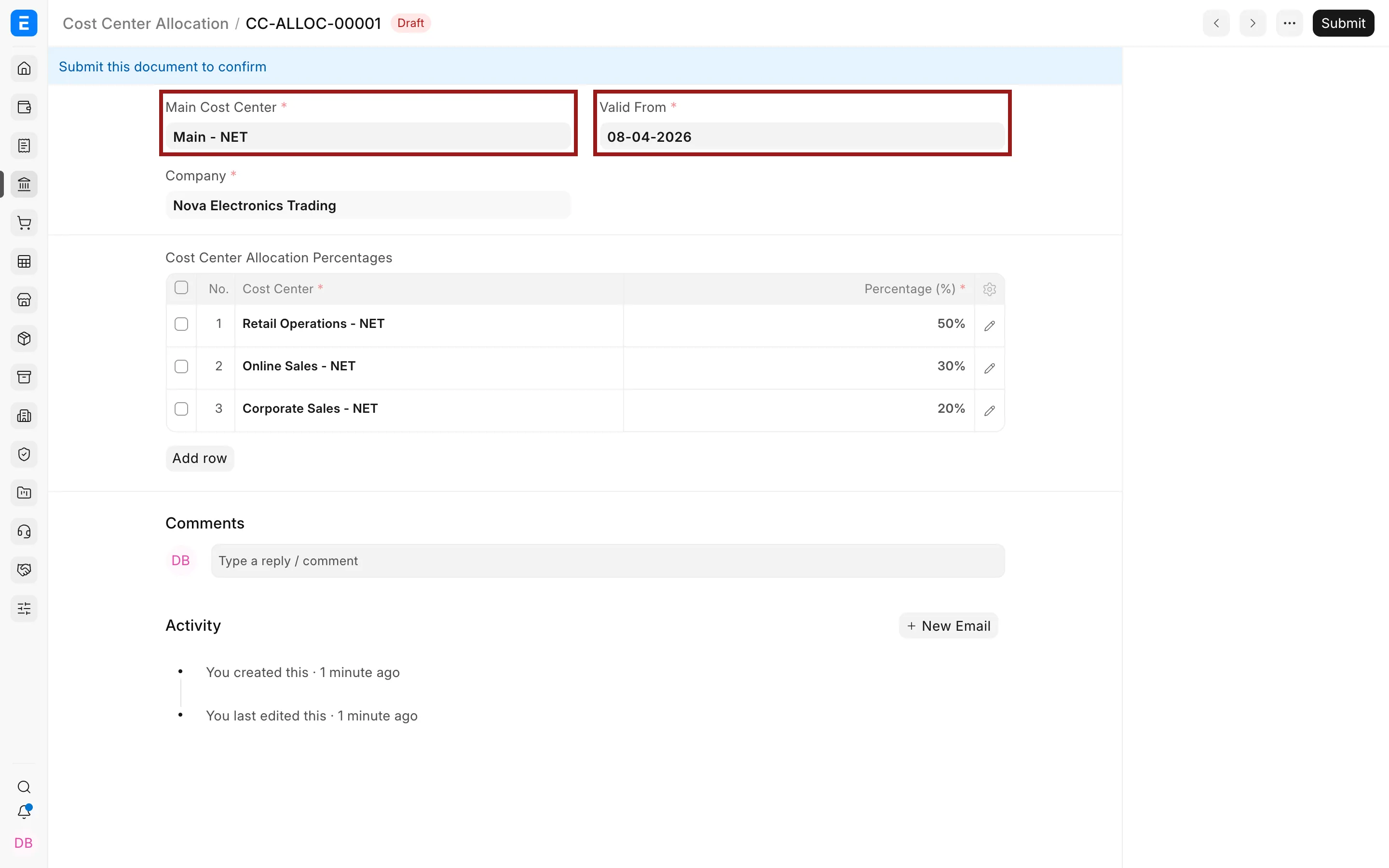 Main Cost Center and Valid From fields in a Cost Center Allocation