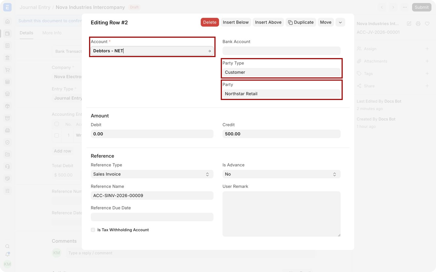 Receivable account, Party Type, and Customer highlighted in the child-row editor