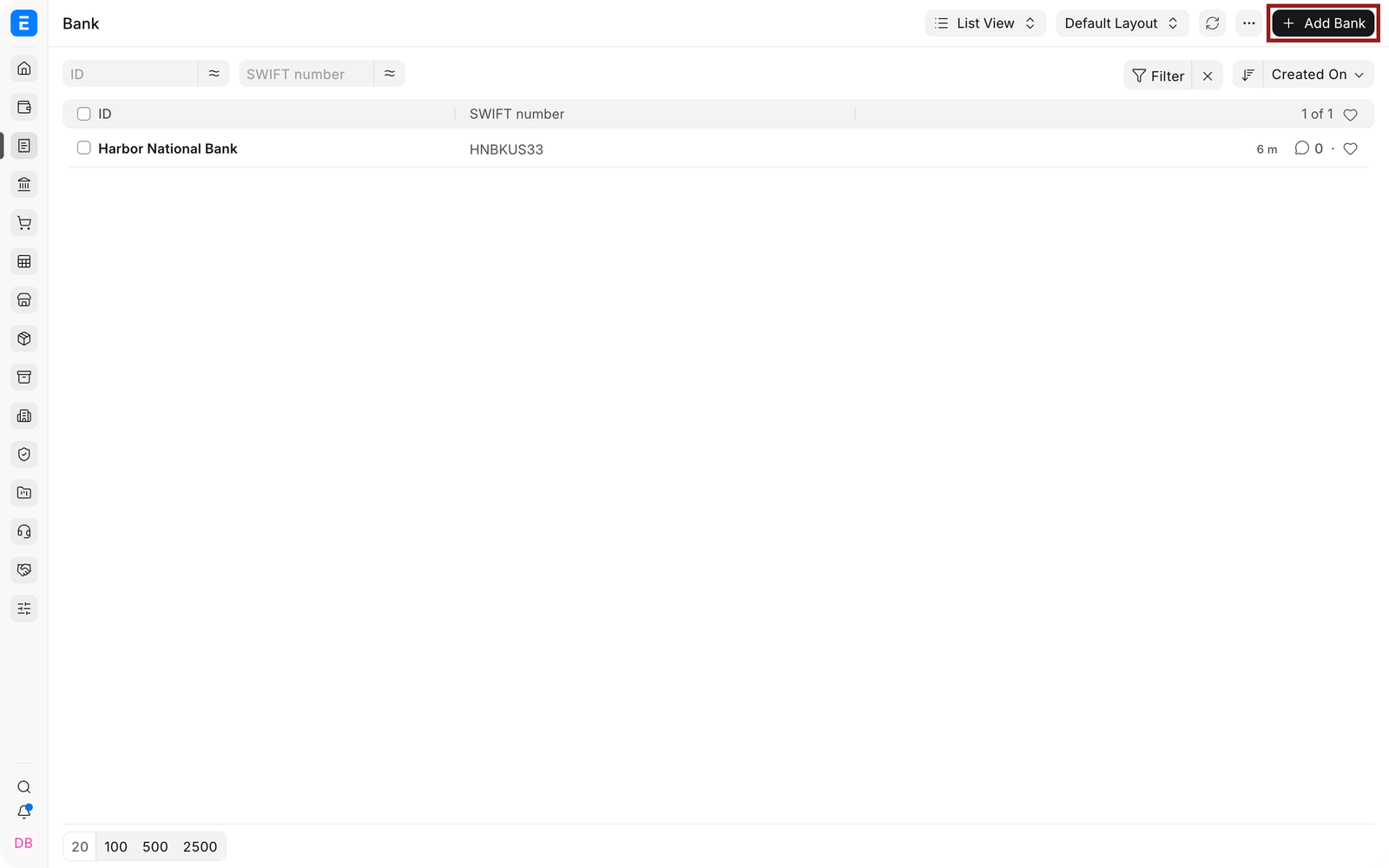 Bank list with Add Bank highlighted