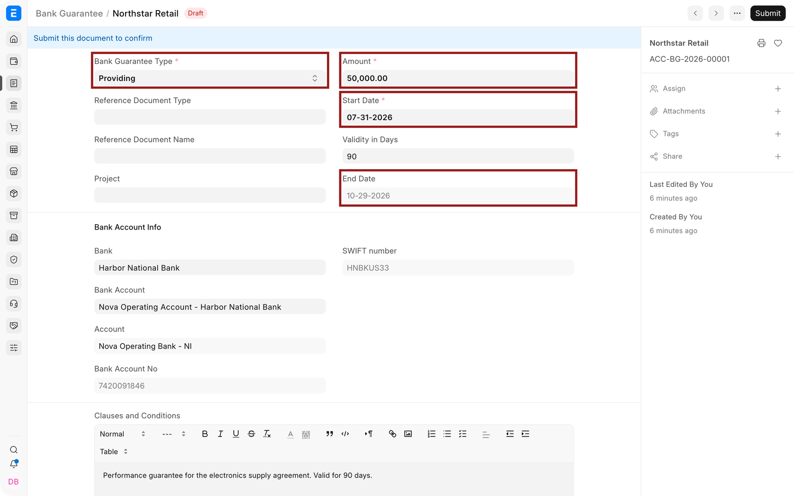 Bank Guarantee type, amount, and validity fields