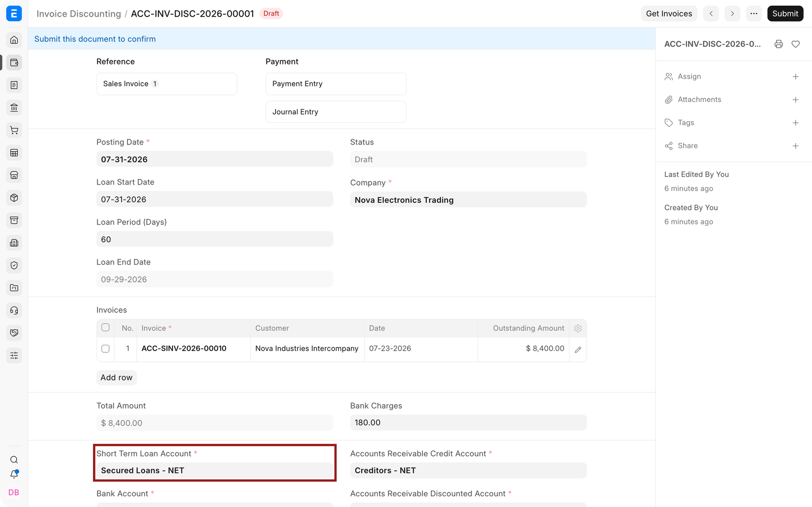 Short-term loan account for Invoice Discounting