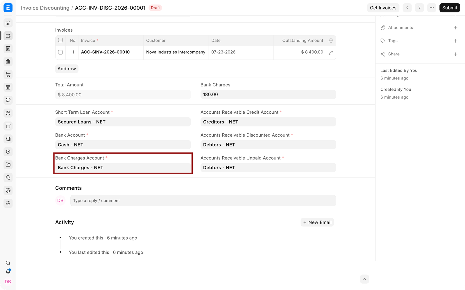 Bank Charges Account for Invoice Discounting
