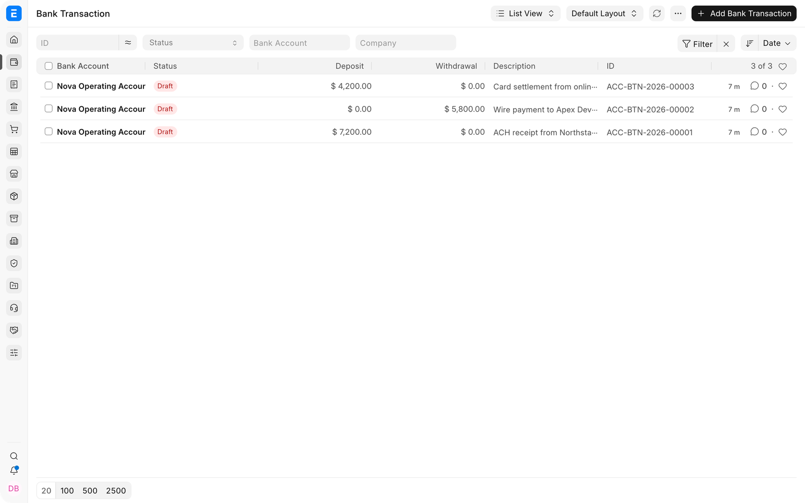 Bank Transaction list with deposits and withdrawals
