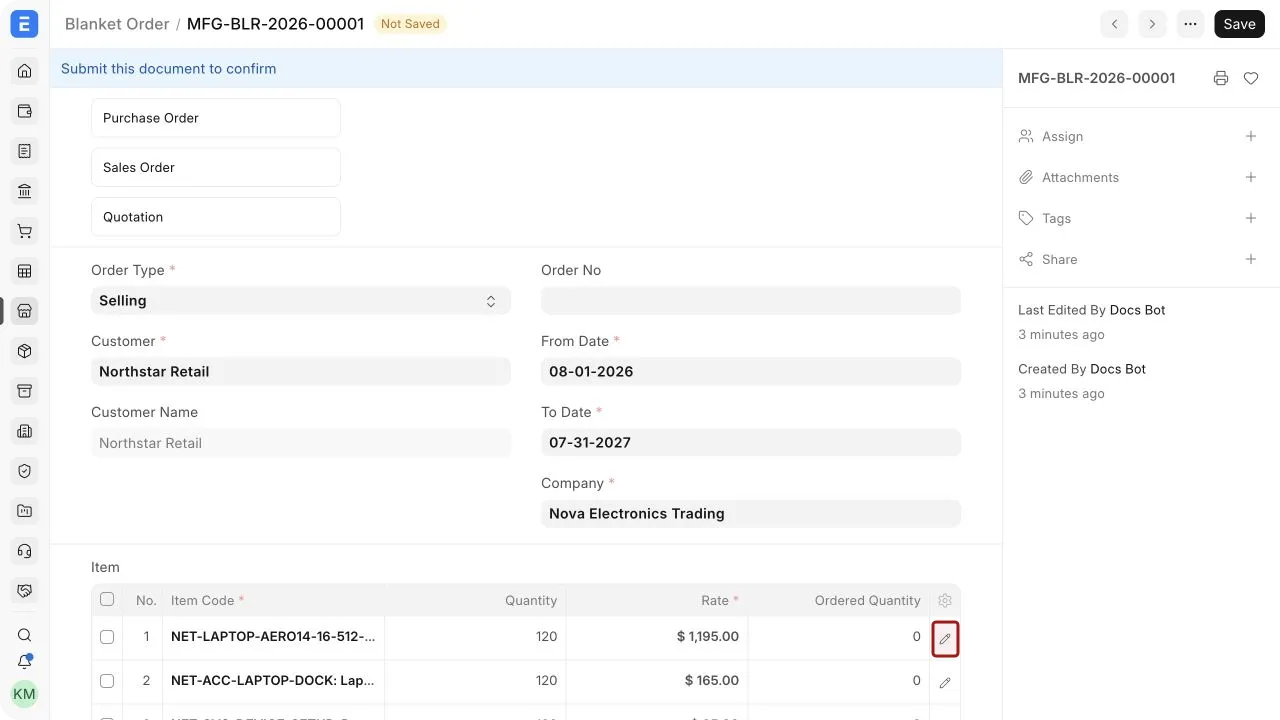 The highlighted pencil icon opens the complete Blanket Order item row.