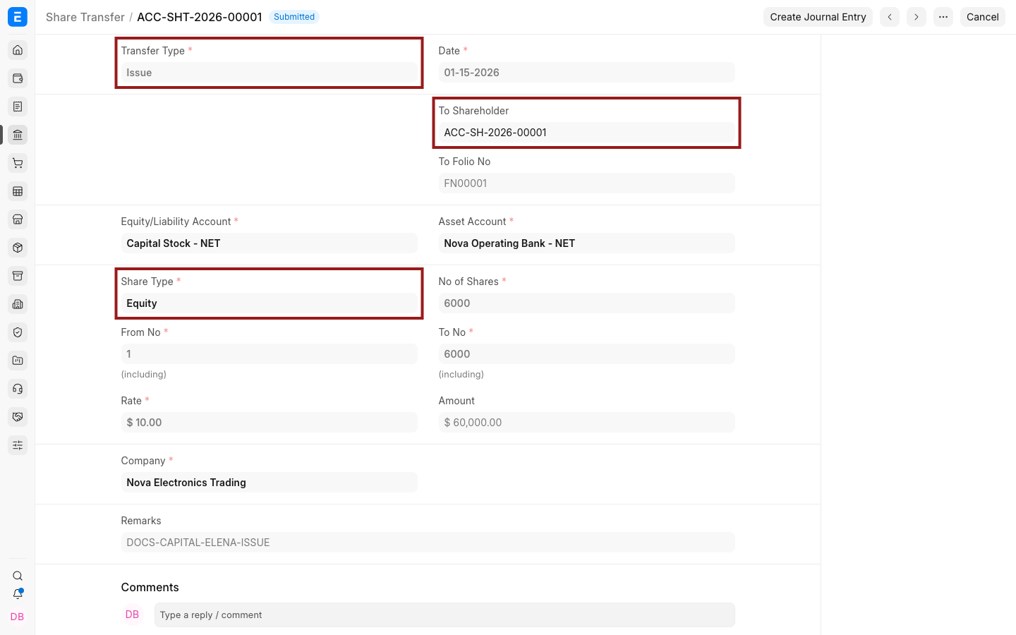 Share issue type, shareholder, and share type highlighted