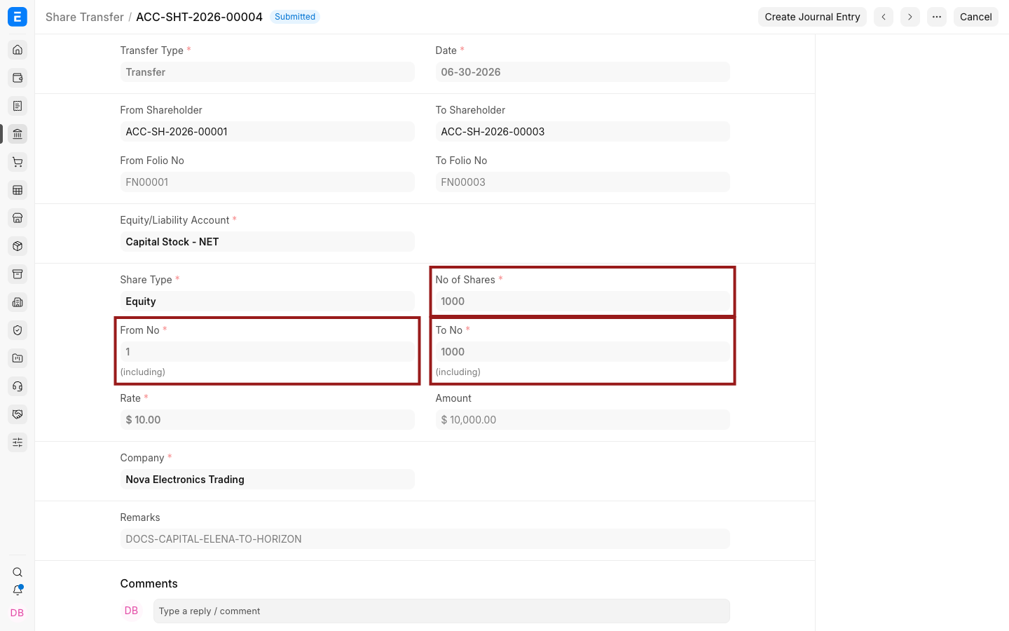 Submitted share transfer quantity used in the Share Ledger