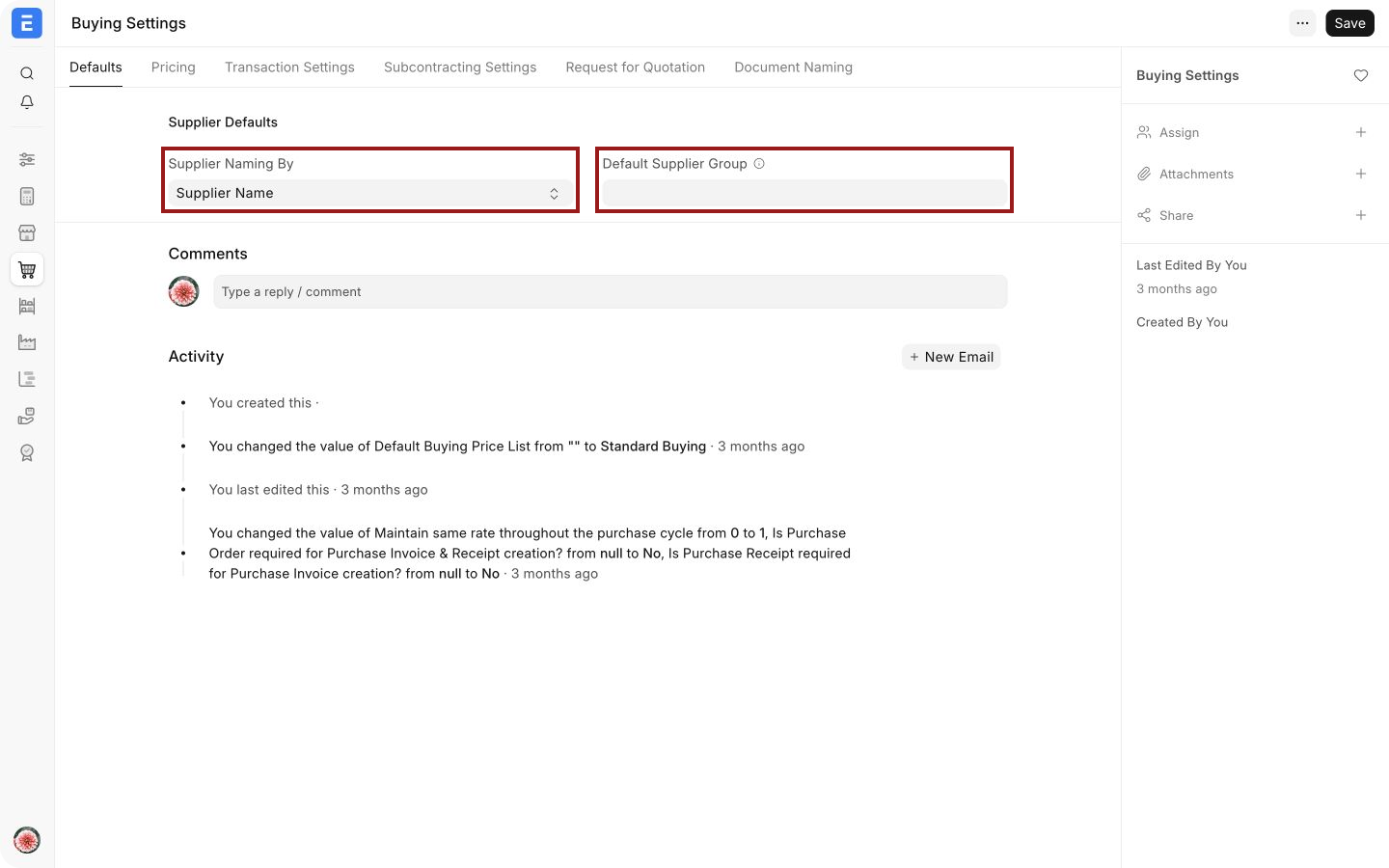 Buying Settings Defaults tab with supplier naming and group fields highlighted