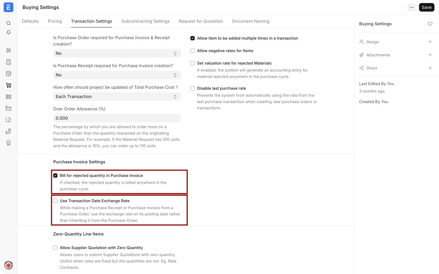 Rejected-material billing and exchange-rate controls in Buying Settings