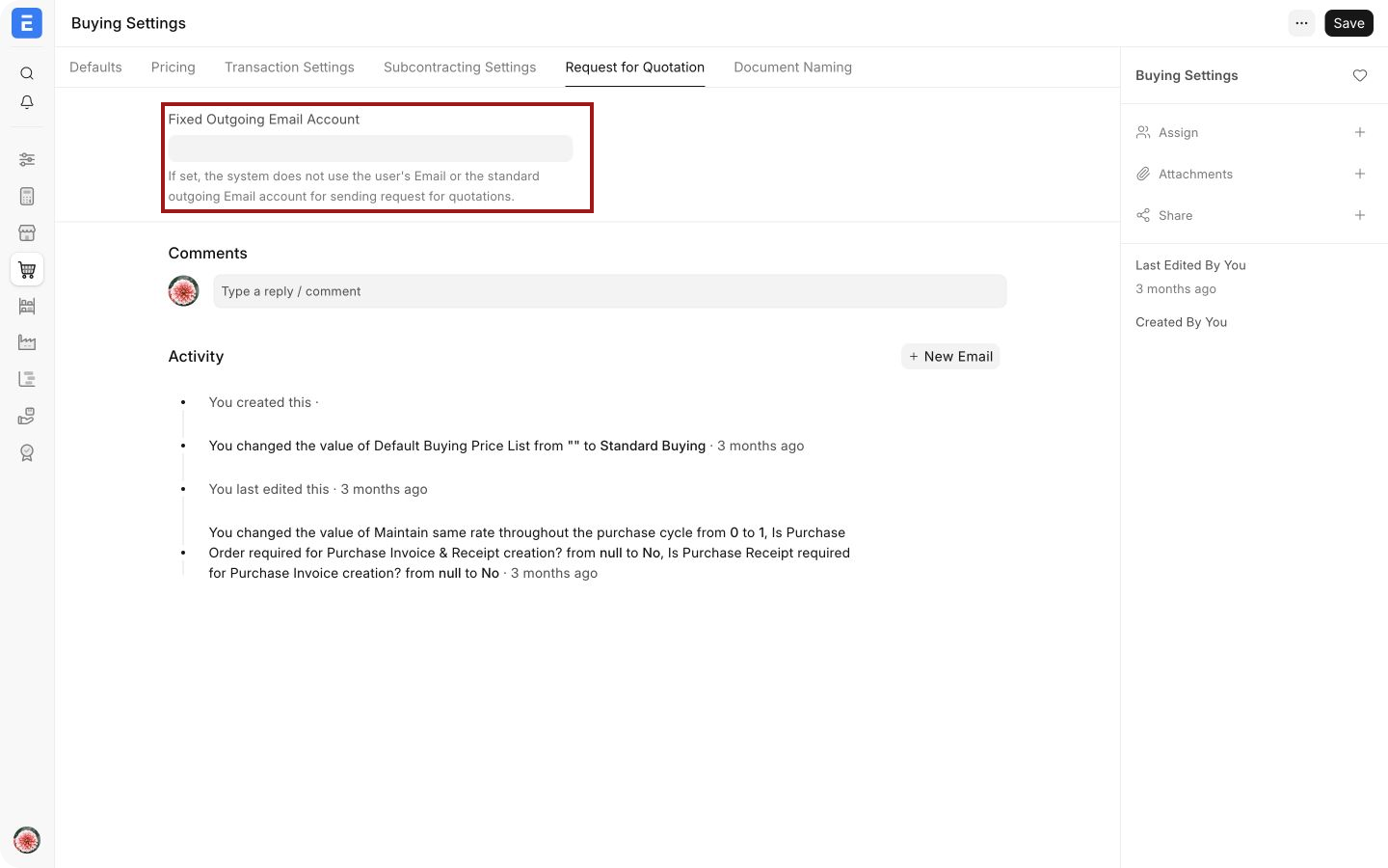 Fixed outgoing email account for Requests for Quotation