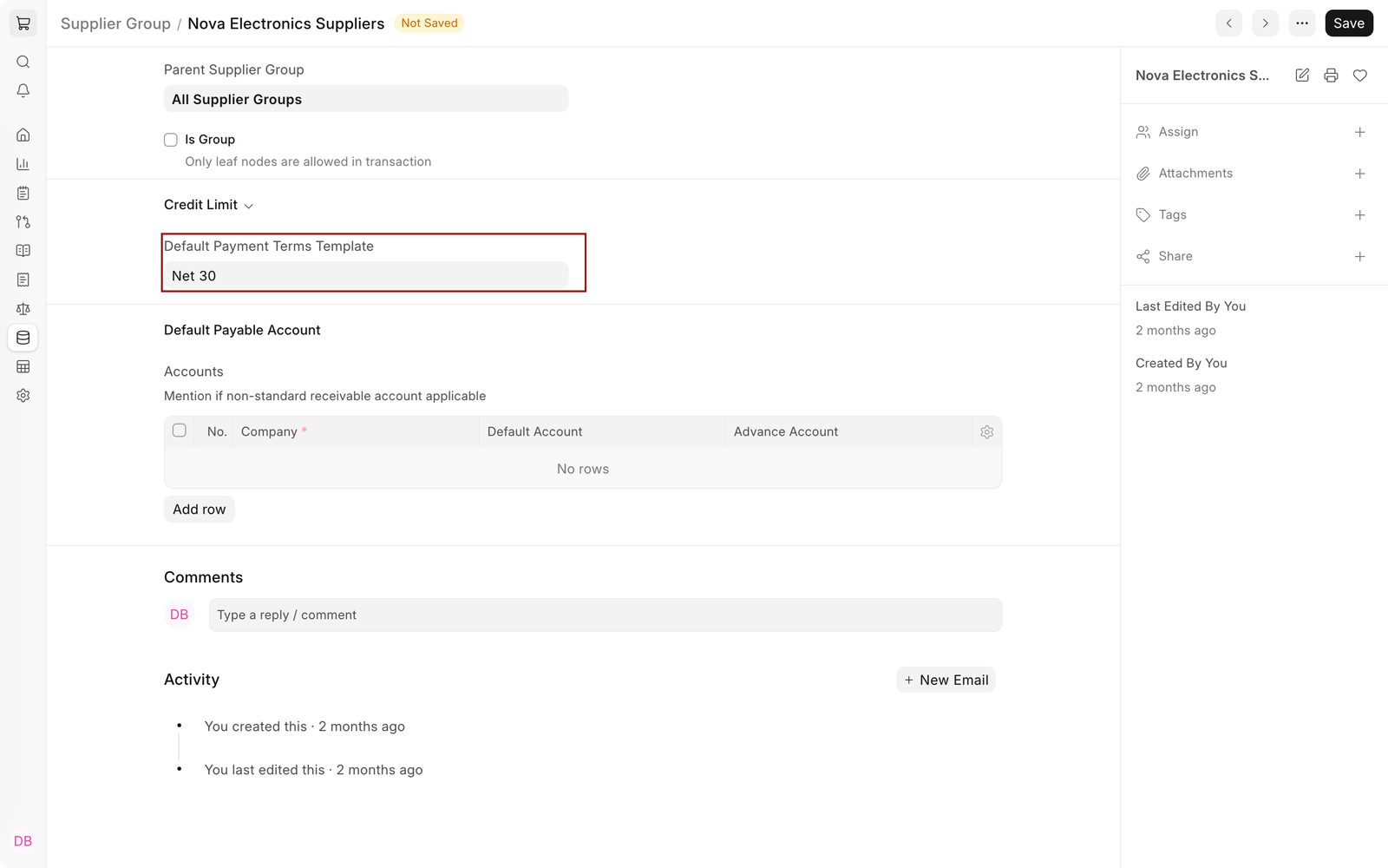 Nova Electronics Suppliers form with Default Payment Terms Template set to Net 30 and highlighted