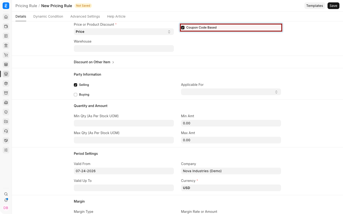 A Pricing Rule with Coupon Code Based highlighted.