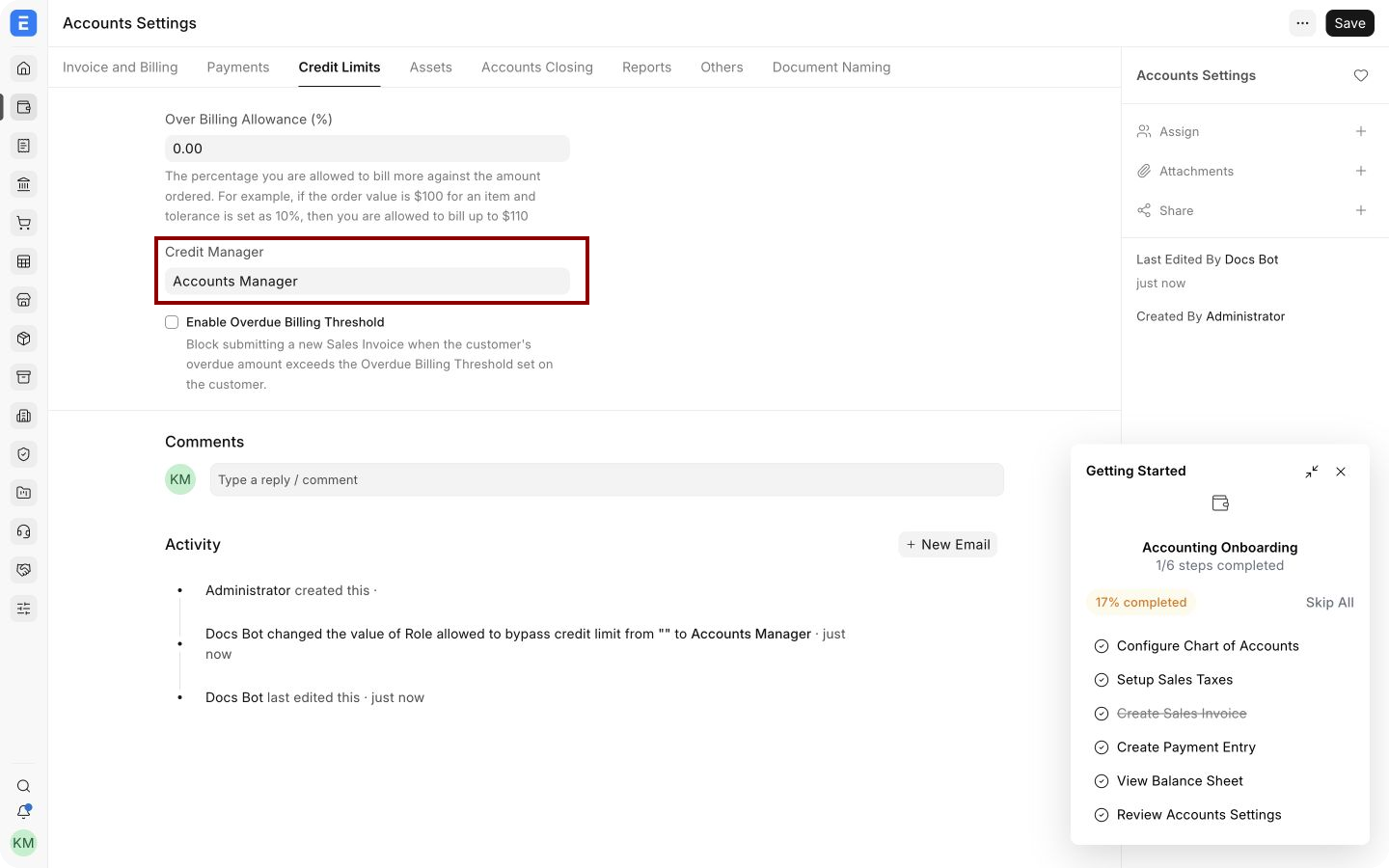 Accounts Settings Credit Limits tab with the Credit Manager role highlighted