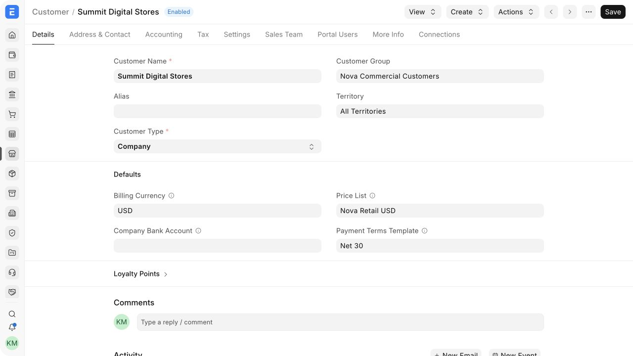 Customer details and sales defaults for Summit Digital Stores.