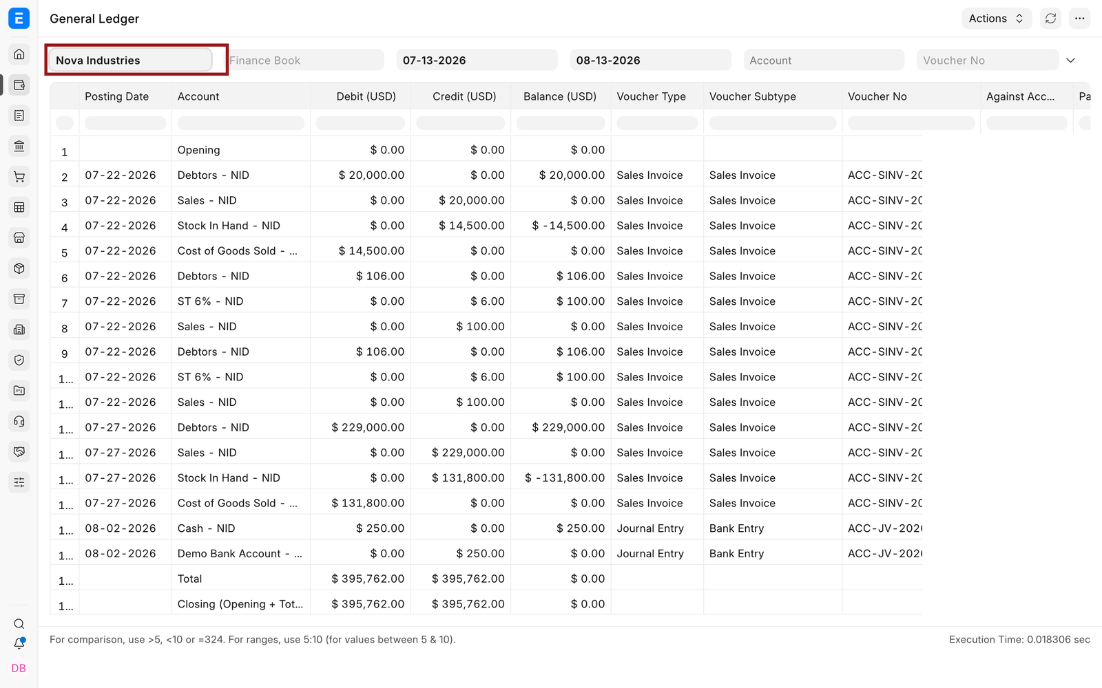 General Ledger filters showing Nova Industries and the selected reporting period