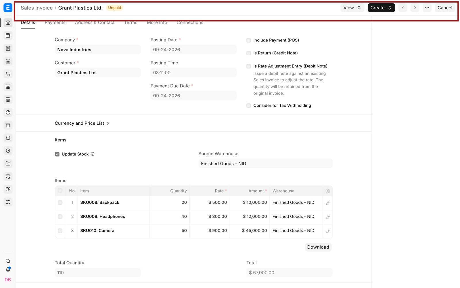 Submitted Sales Invoice opened from its General Ledger voucher link