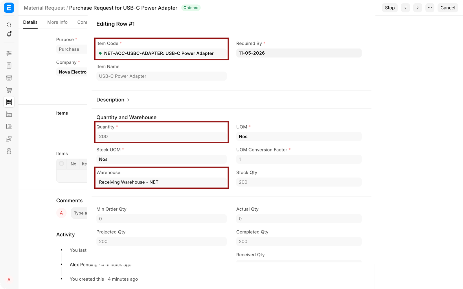 Material Request item details with Item, Quantity, and Warehouse highlighted