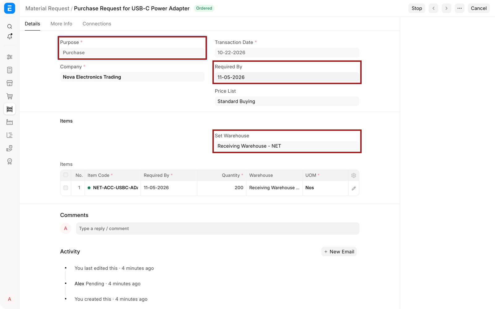 Material Request purpose, required date, and target warehouse highlighted