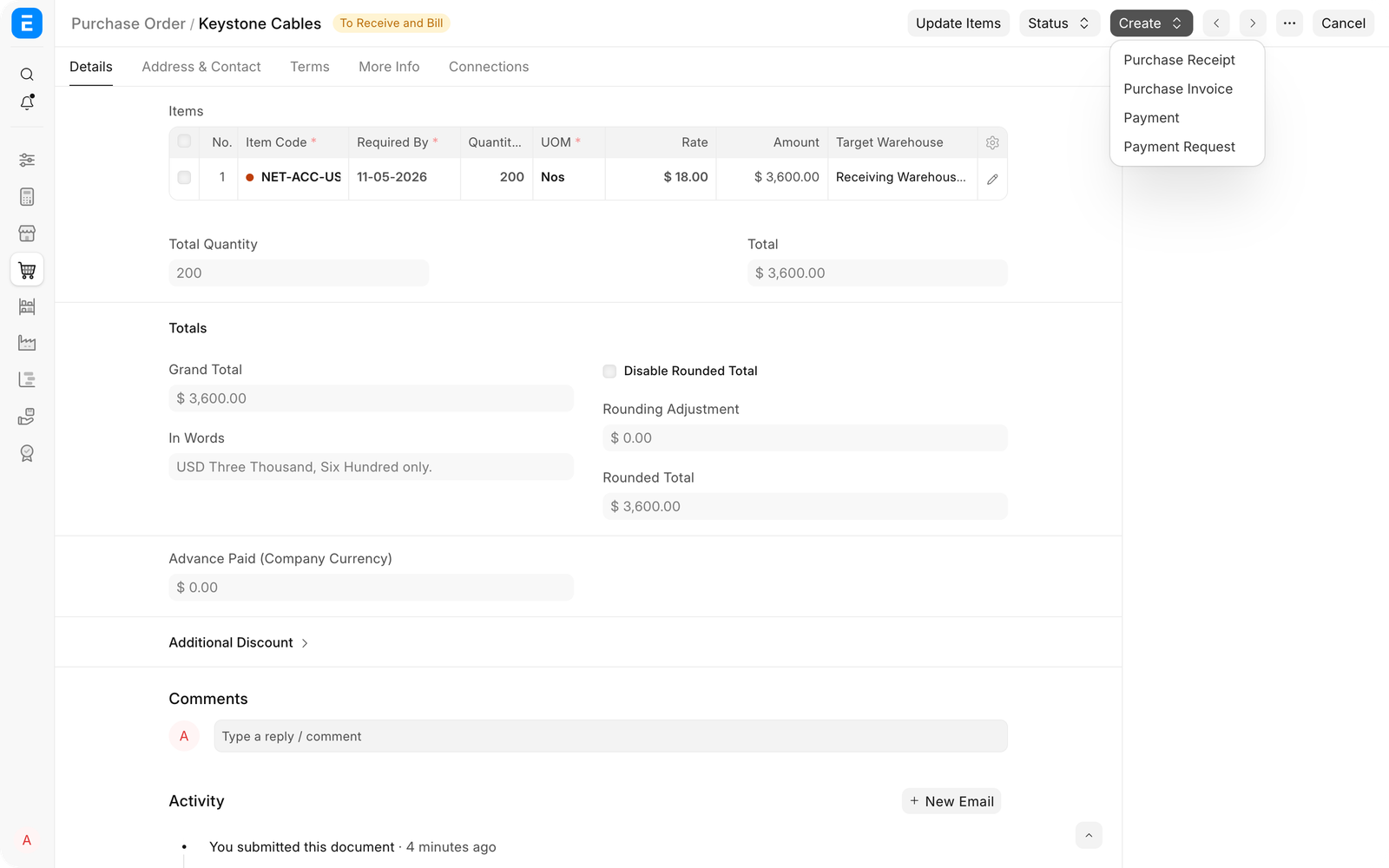 Purchase Order Create menu showing receipt, invoice, payment, and payment-request actions