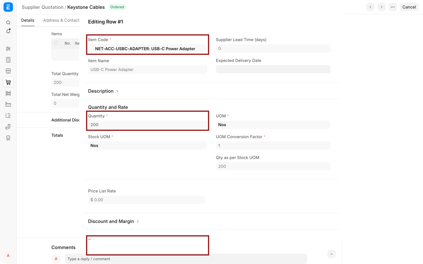 Supplier Quotation item editor with Item, Quantity, and Rate highlighted