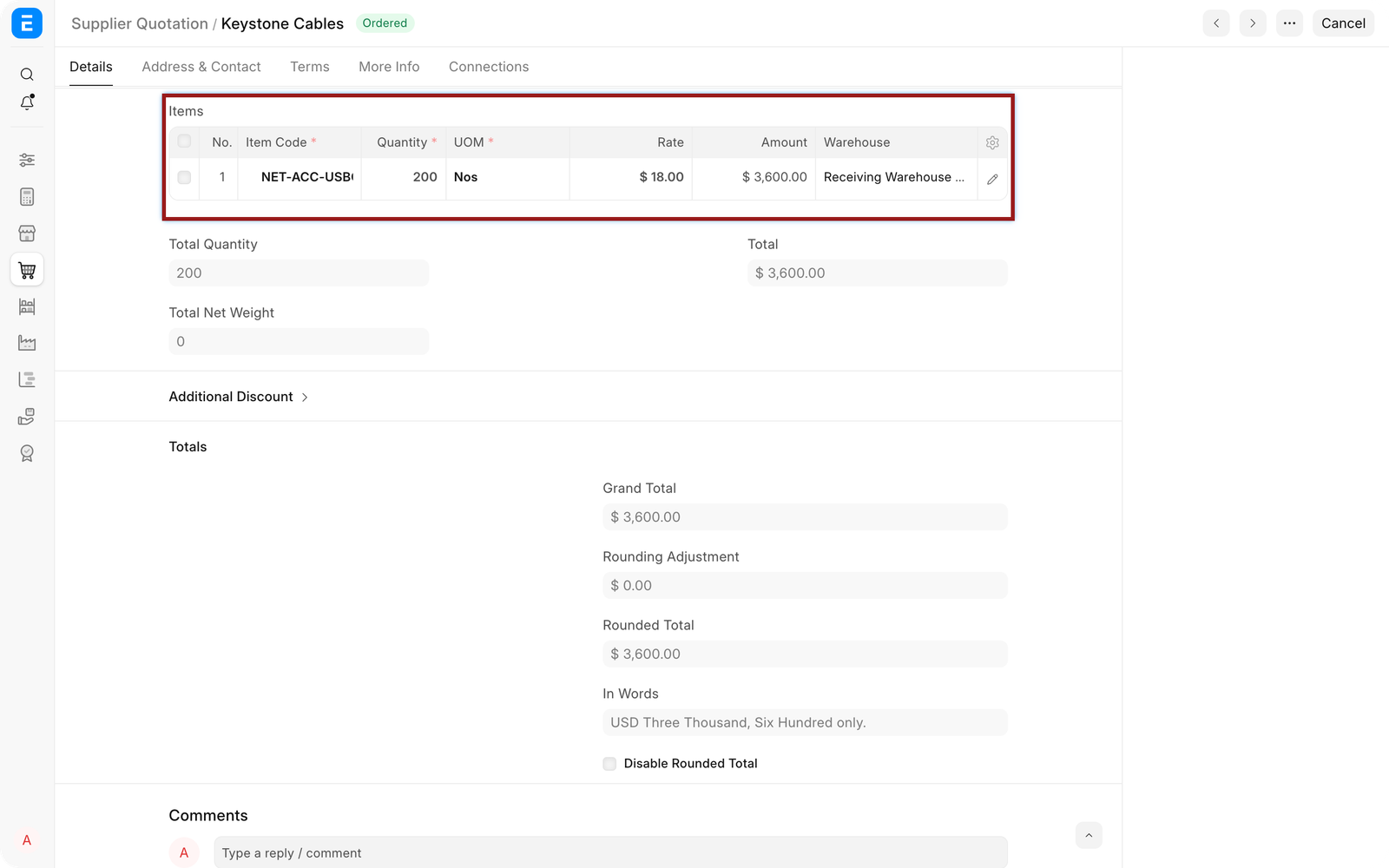 Supplier Quotation item, rate, amount, and total highlighted