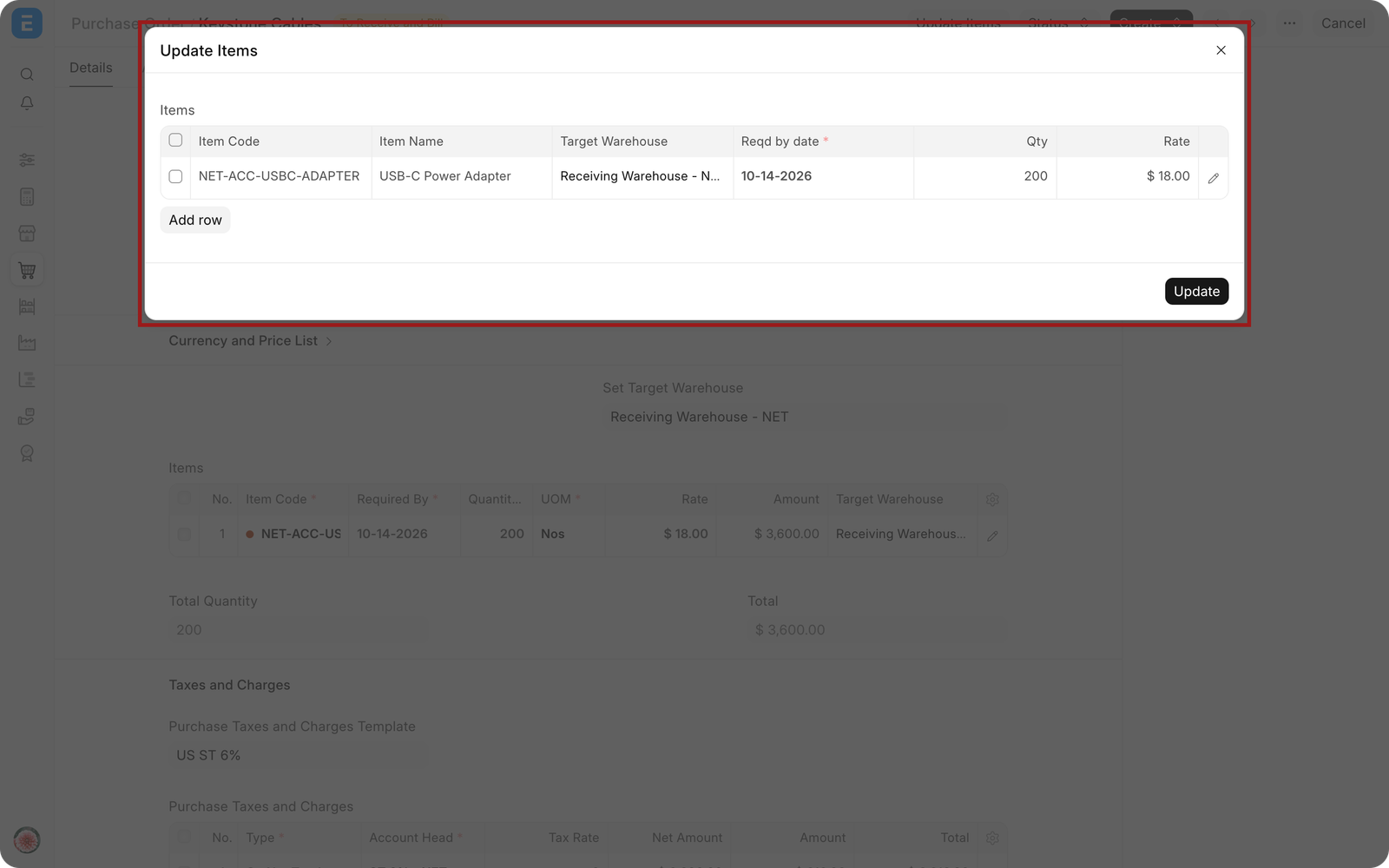 Update Items dialog with quantity and rate fields highlighted and the native modal overlay visible