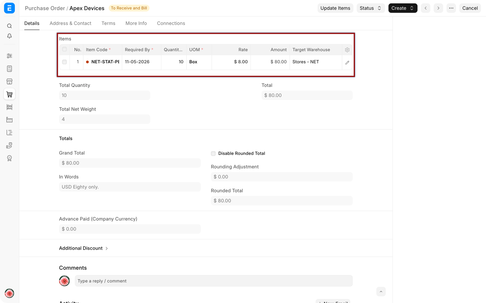 Purchase Order item editor showing 10 Boxes, conversion factor 20, and 200 Nos in Stock UOM