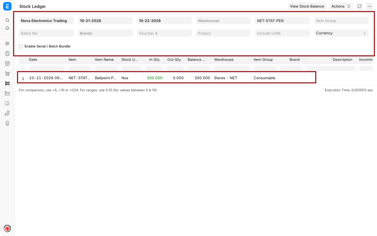 Stock Ledger showing the received quantity in Nos
