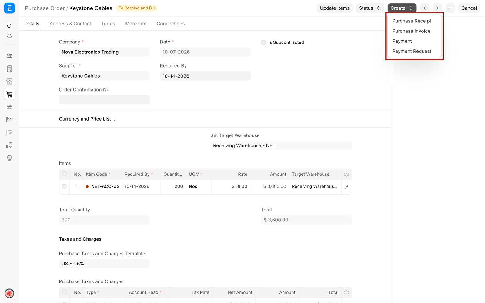 Purchase Order Create menu with Purchase Receipt highlighted