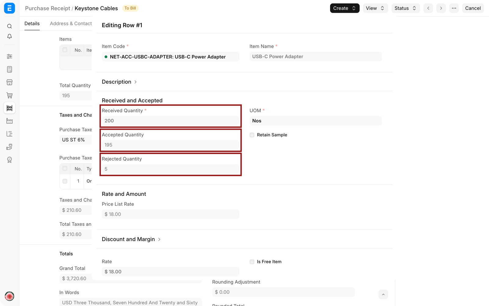 Purchase Receipt item editor showing accepted quantity, rejected quantity, warehouses, and Purchase Order reference