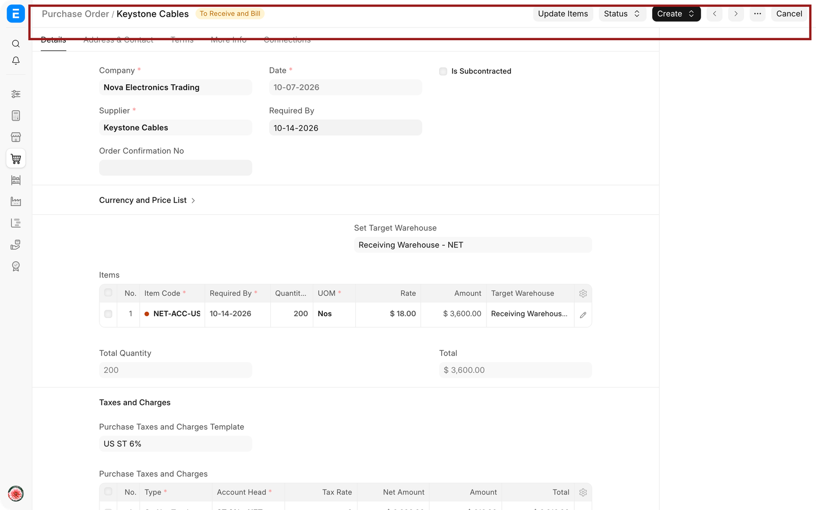 Purchase Order after receipt showing the updated percentage received