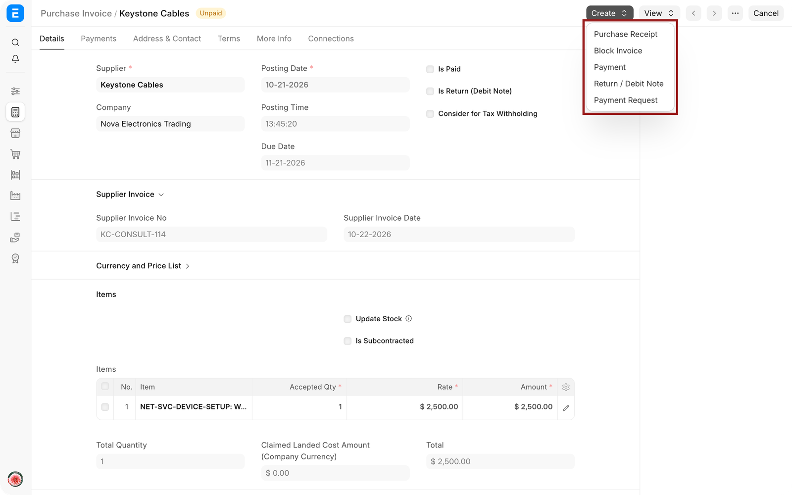 Purchase Invoice Create menu with Return or Debit Note highlighted
