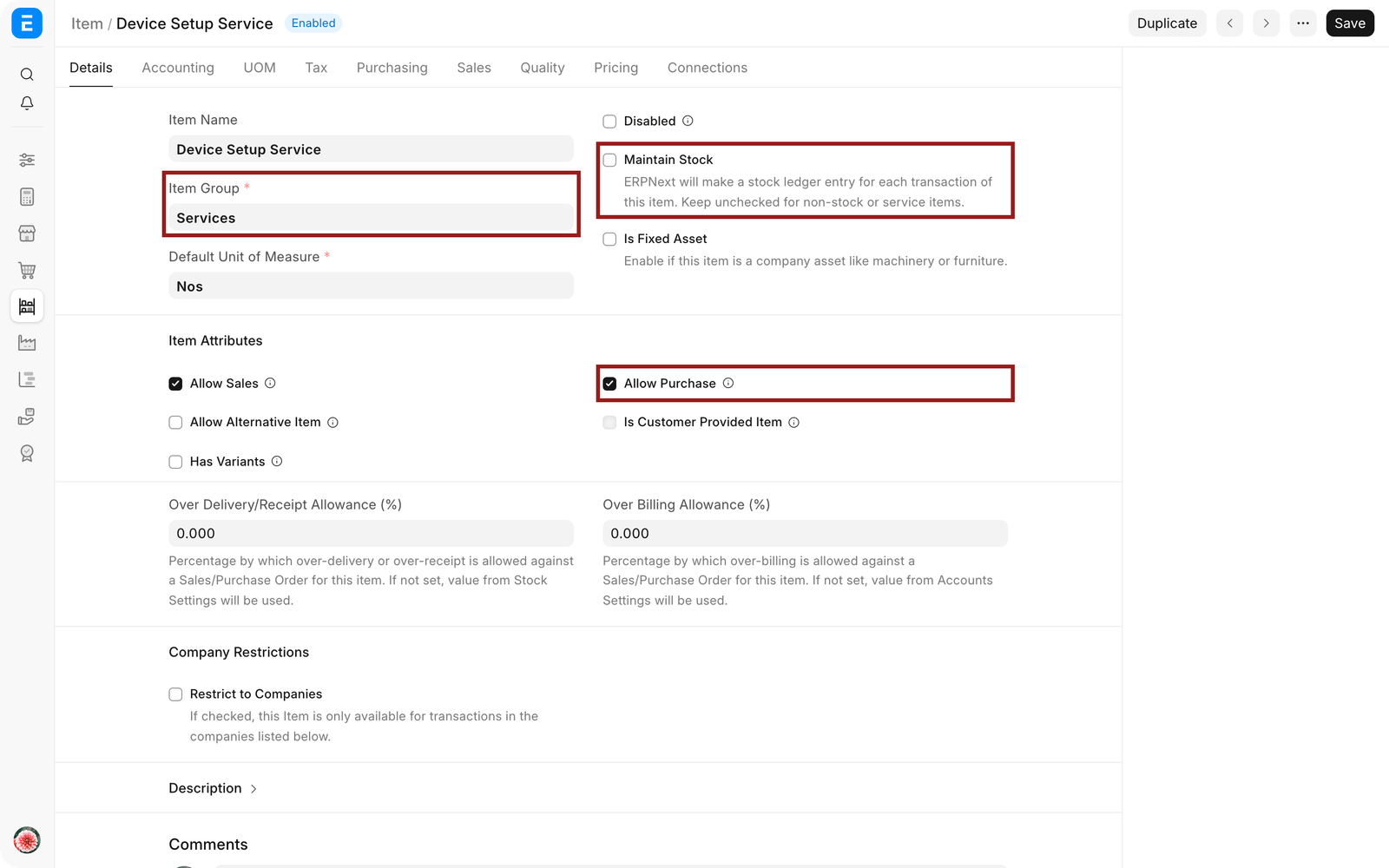 Service Item showing Maintain Stock disabled and purchase use enabled
