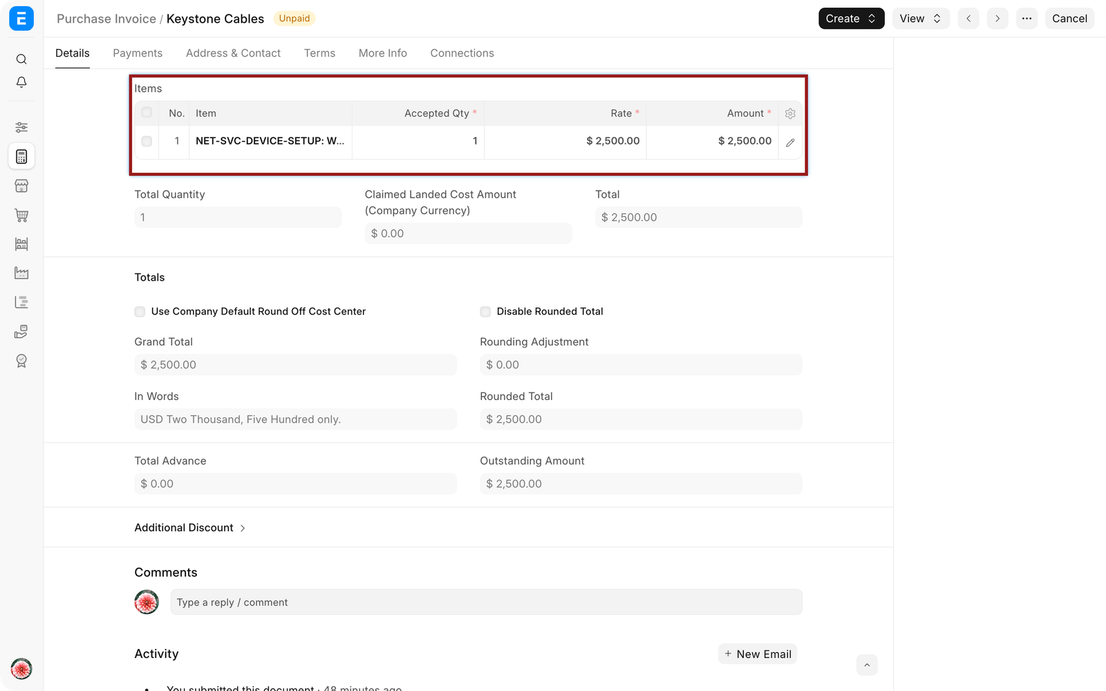 Purchase Invoice for consulting services with the non-stock item and Update Stock disabled