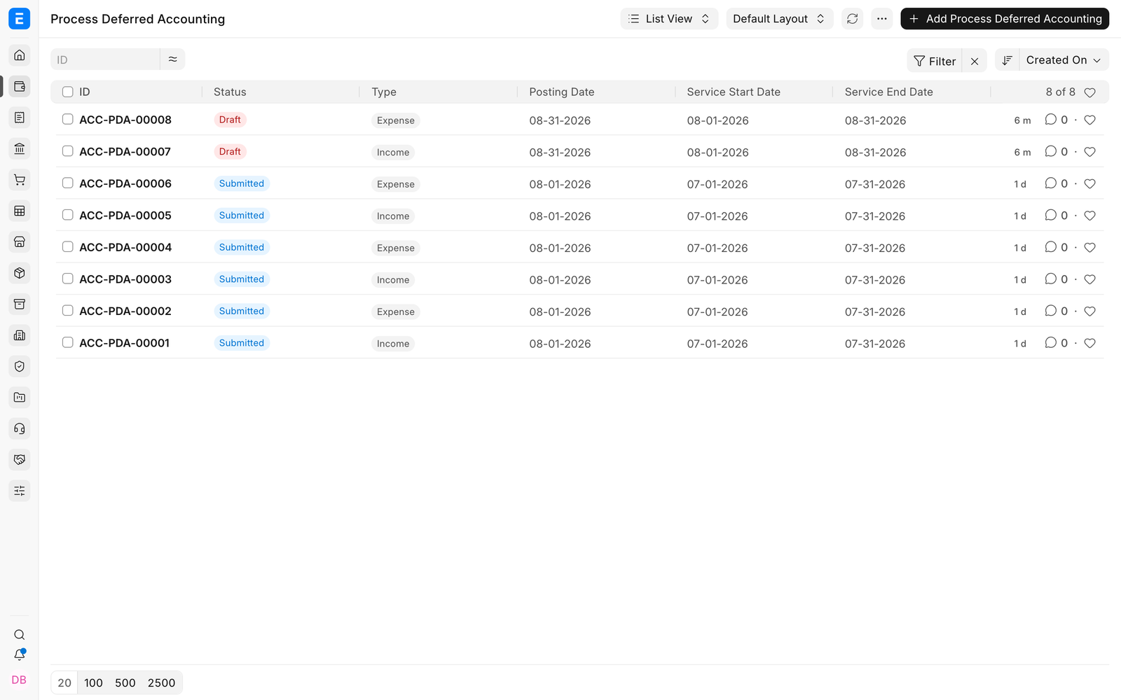 Process Deferred Accounting list
